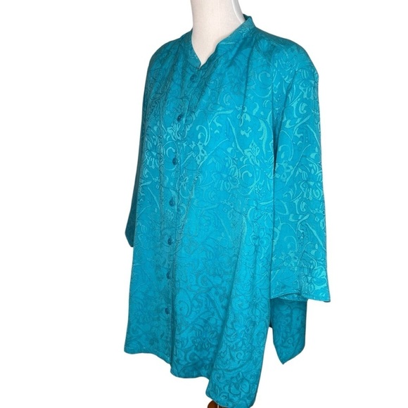 Erin Jacquard Floral Print Linen Blend Tunic Top Plus 3X 3/4 Sleeve Blue Button - Picture 14 of 14